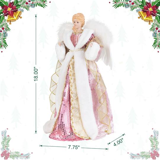 Glitzhome® 18" Faux Fur & PVC Deluxe Pink Christmas Angel Tree Topper with Porcelain Face